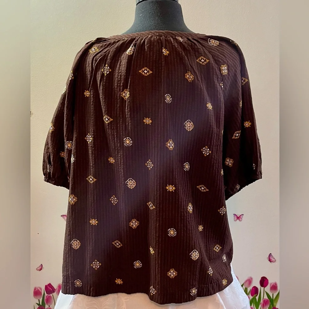 NWT Loft XL Brown Button Up Floral Woven Lightweight Blouse Cottagecore Boho